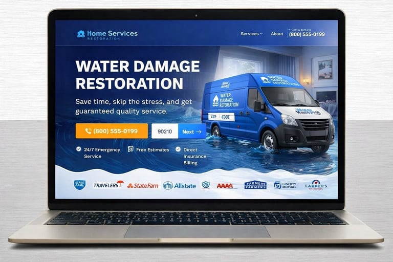Laptop displaying Home Services website featuring water damage restoration services with blue service van and contact information