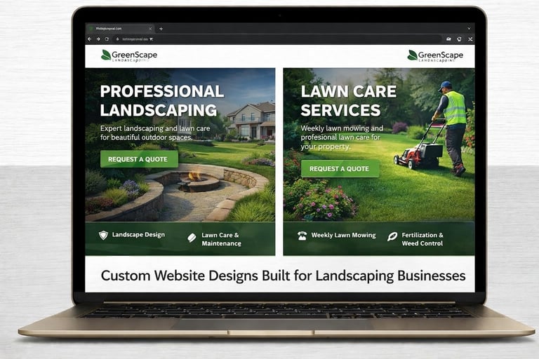 Laptop displaying GreenScape landscaping business website with professional lawn care service options and request quote buttons