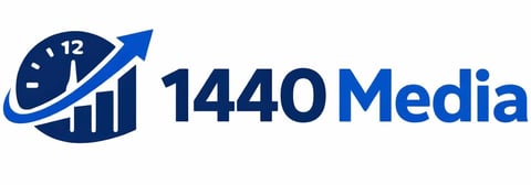 1440 Media logo with clock and upward arrow symbolizing growth and time management